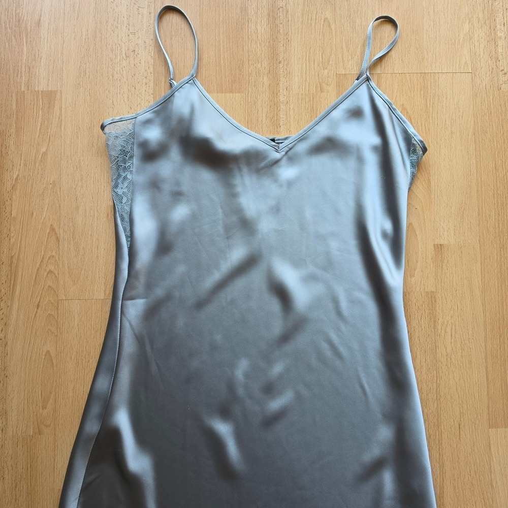 House of Harlow 1960 Teal Grey Satin Lace Trim Maxi Slip Dress Womens Large - Picture 4 of 11